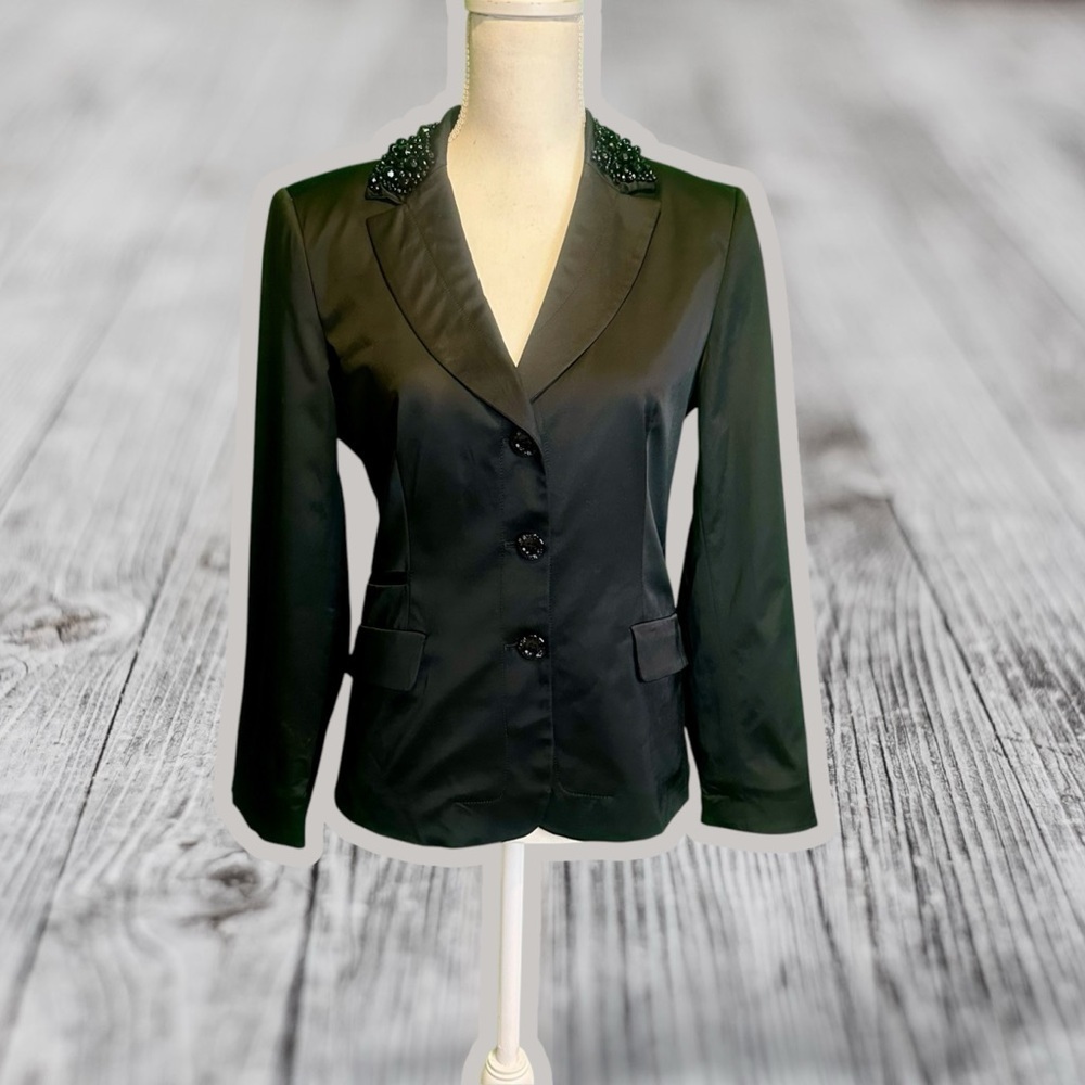 Love Moschino Black Satin Button-Up Blazer with Beaded Collar Details Size 10